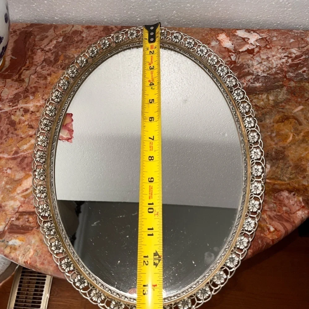 Vintage ornate vanity tray /table top stand mirror. Oval